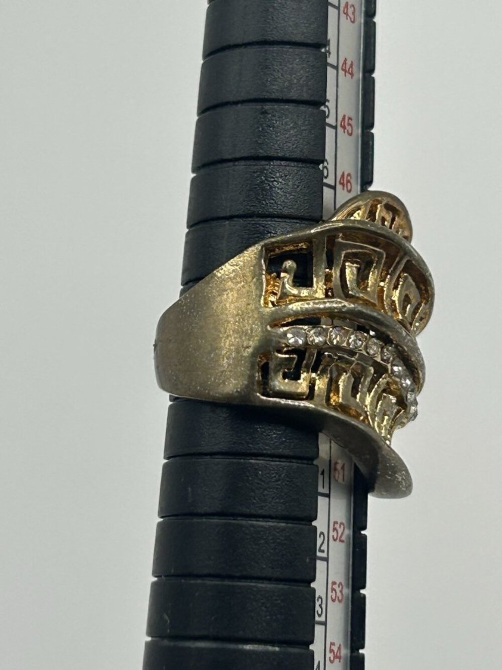 Vintage Greek Key Rhinestone Wide Band Costume Ring Gold Tone Size 5 Chunky Fun - Picture 11 of 12